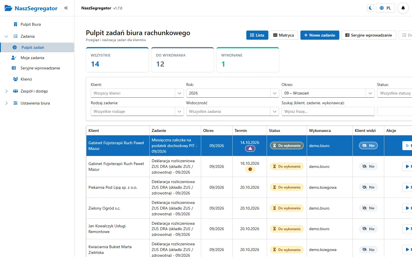 Menu biura z rozwiniętą grupą Zadania