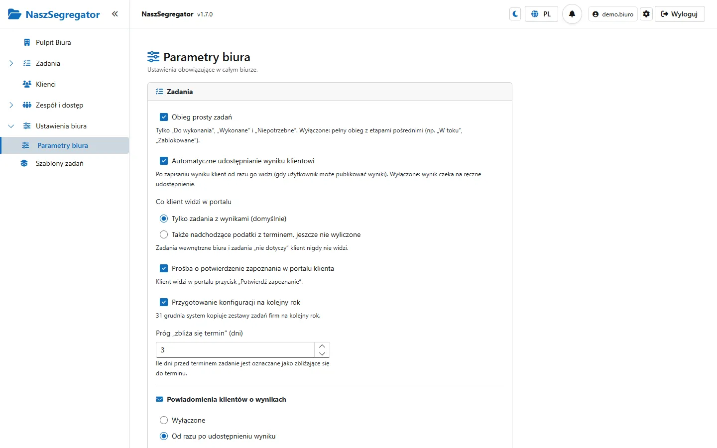 Strona Parametry biura z ustawieniami zadań
