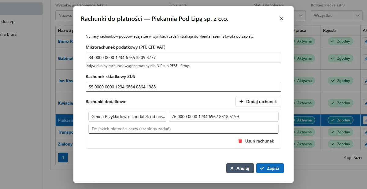Okno Rachunki do płatności z mikrorachunkiem, rachunkiem ZUS i rachunkiem dodatkowym gminy